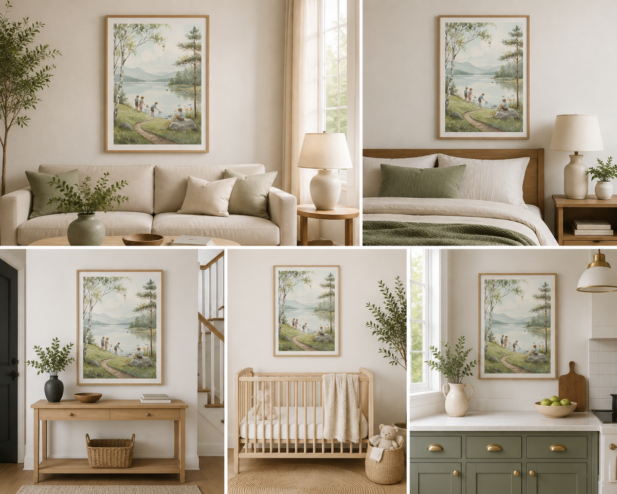 Vintage Lakehouse Watercolour Print | Children by Lake | Cottagecore Nursery Wall Art | Digital Download