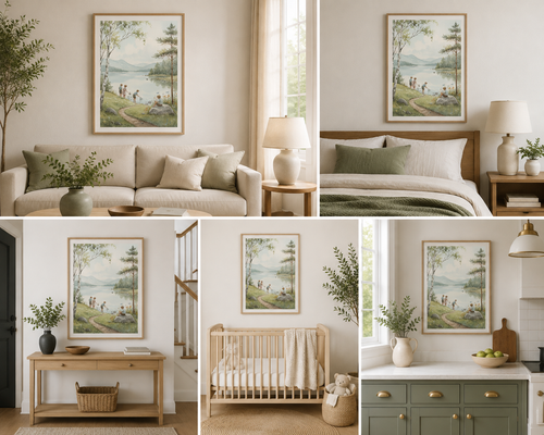 Vintage Lakehouse Watercolour Print | Children by Lake | Cottagecore Nursery Wall Art | Digital Download