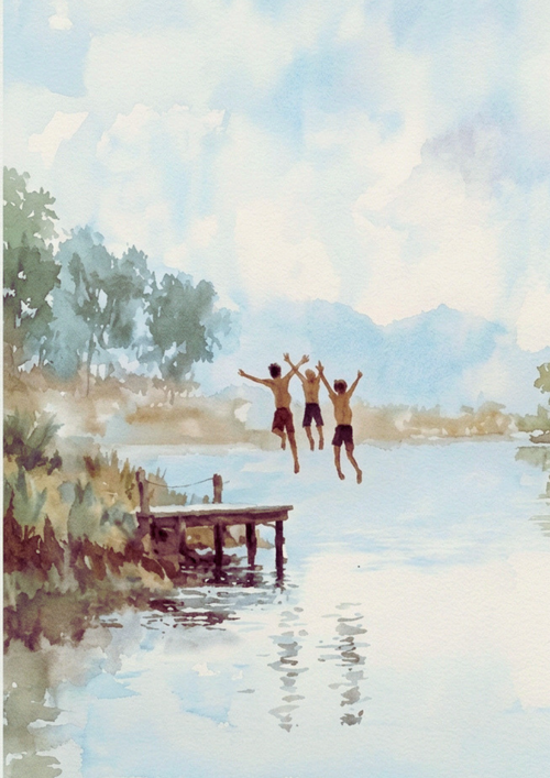 Nostalgic Summer Lake House Art | Kids Jumping Dock Print | Cabin & Coastal Wall Decor | Digital Download