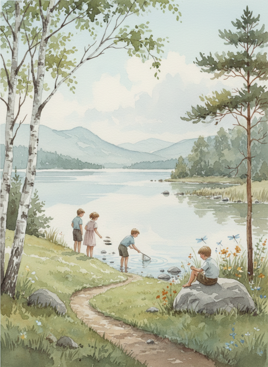 Vintage Lakehouse Watercolour Print | Children by Lake | Cottagecore Nursery Wall Art | Digital Download