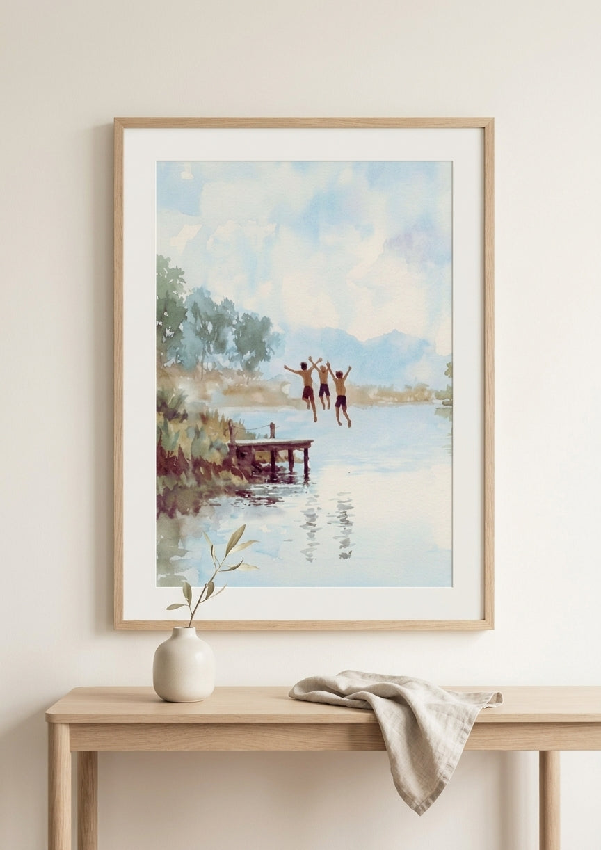 Nostalgic Summer Lake House Art | Kids Jumping Dock Print | Cabin & Coastal Wall Decor | Digital Download
