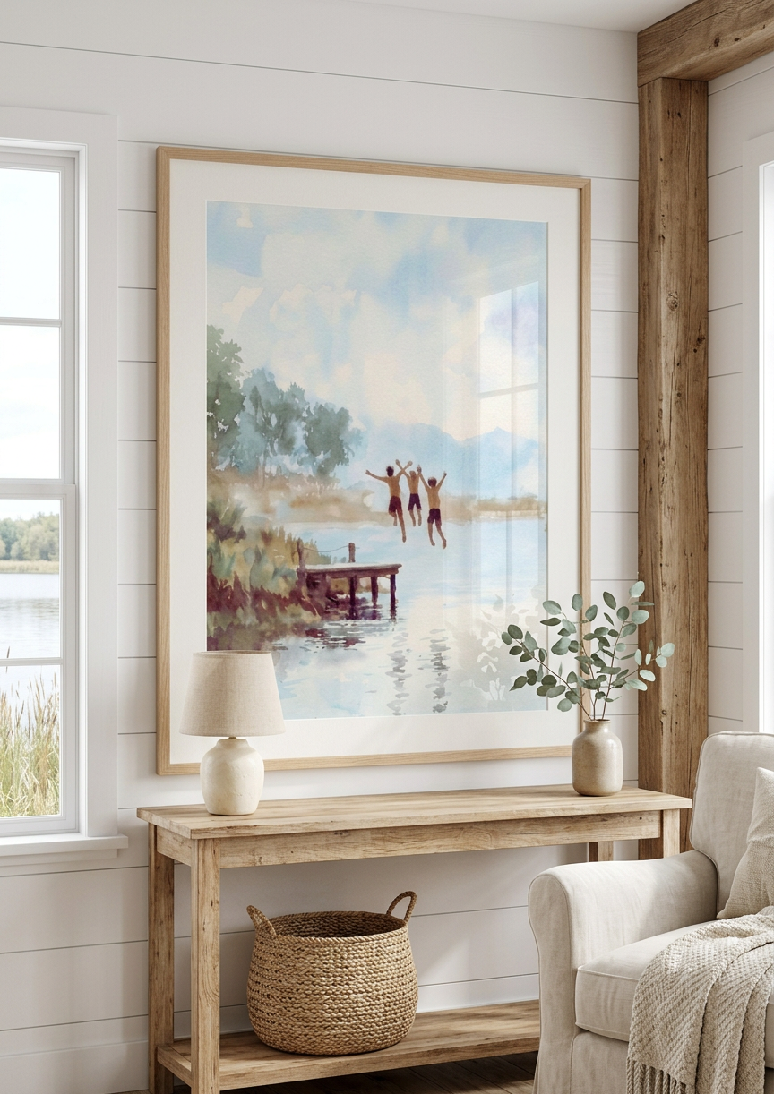 Nostalgic Summer Lake House Art | Kids Jumping Dock Print | Cabin & Coastal Wall Decor | Digital Download