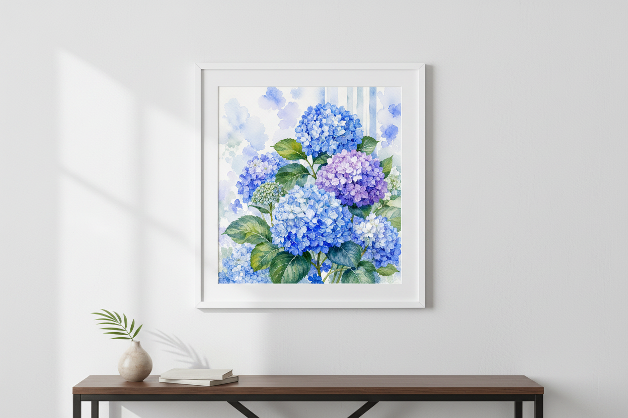 Hydrangea watercolour print shown framed on wall