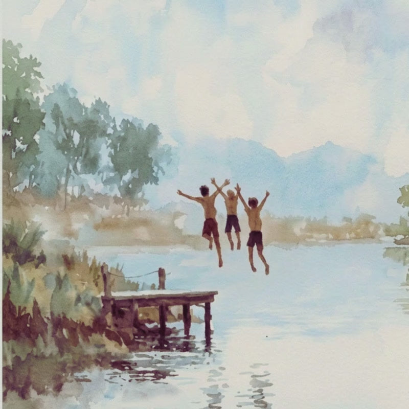 Nostalgic Summer Lake House Art | Kids Jumping Dock Print | Cabin & Coastal Wall Decor | Digital Download